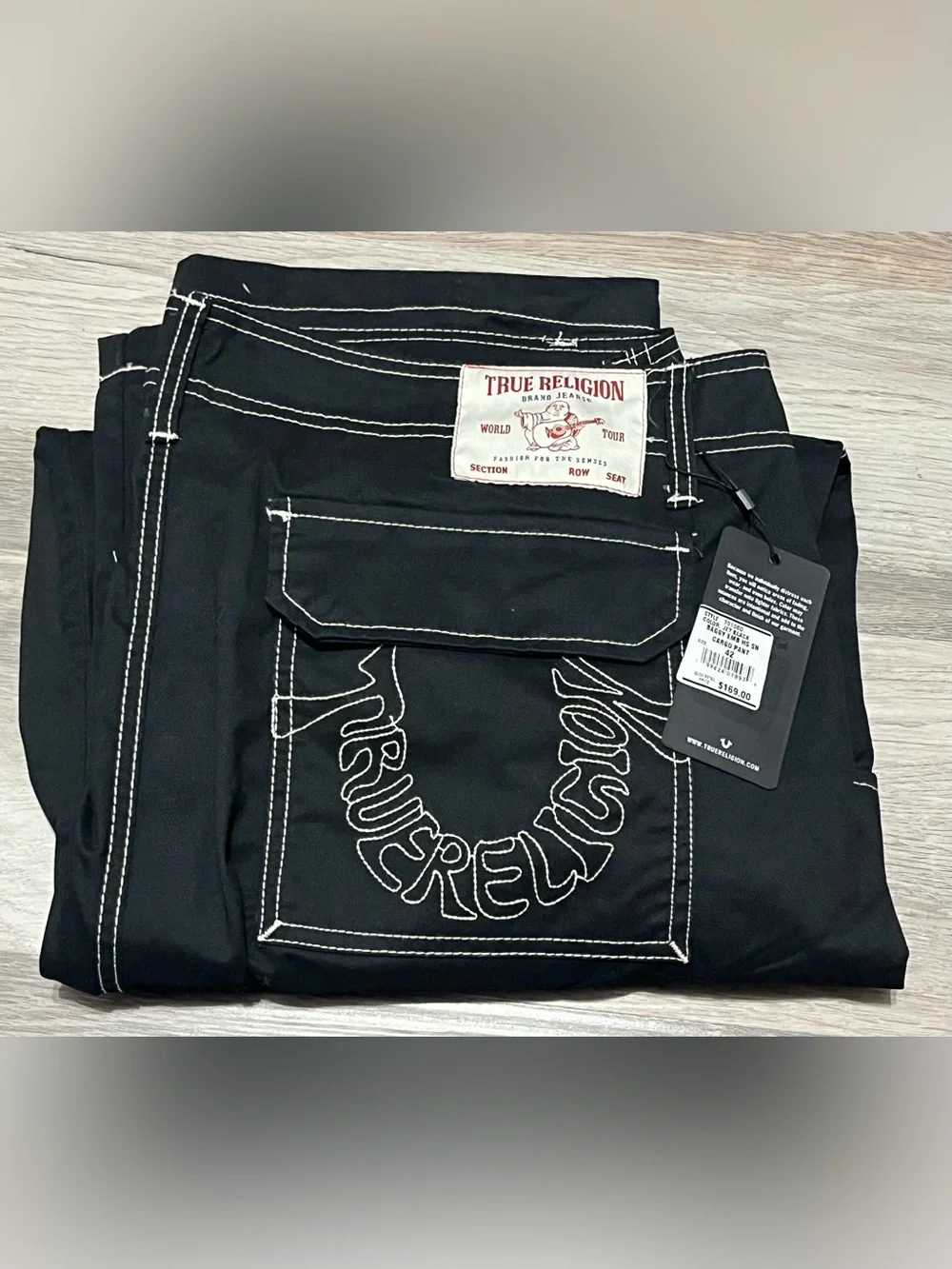 True Religion Cargo Pants Mens Size 44 Jet Black Outline Pocket Logo New $169